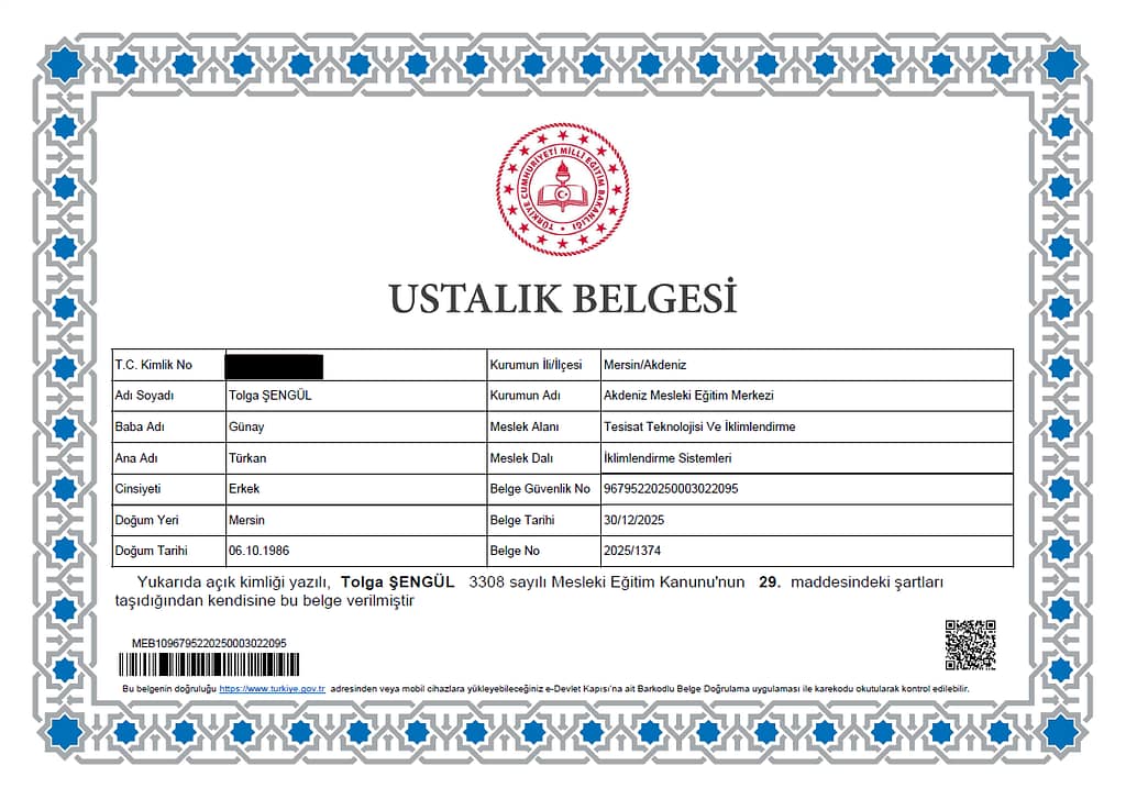 ustalık belgem - mersin sgs premium petek temizleme